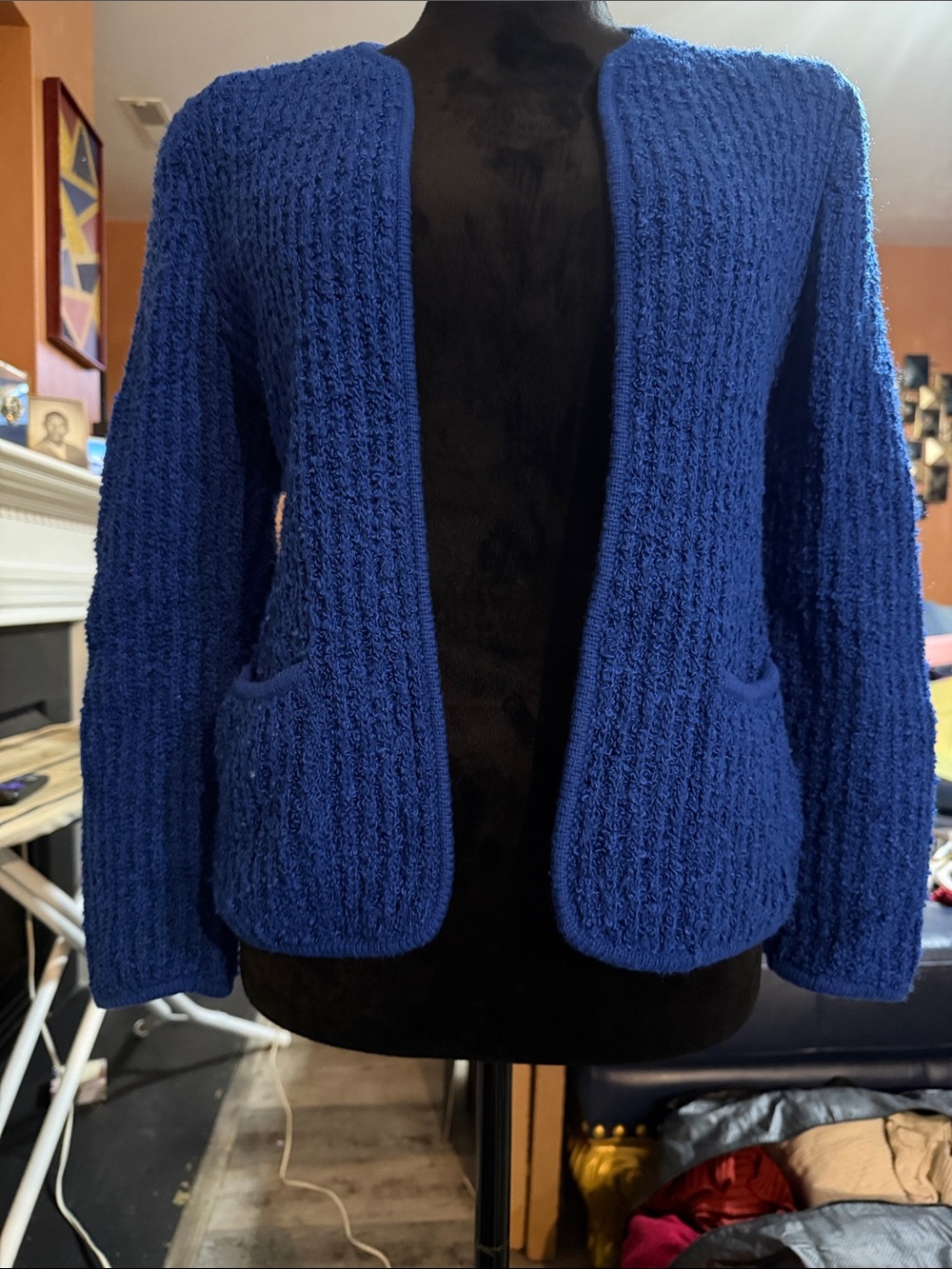 Vintage SideEffects Blue Open-Front Women's Textured Cardigan Sweater